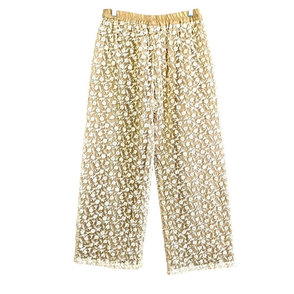 None Pants - Cream Floral Lace Mesh Sequined Dressy Palazzo Wide Leg Cropped Ankle Pants S-M